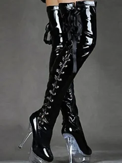 Pole Dance Shoes Women's Sexy Thigh High Heel Boots Lace Up Platform Stiletto Heel Stripper Shoes in Black