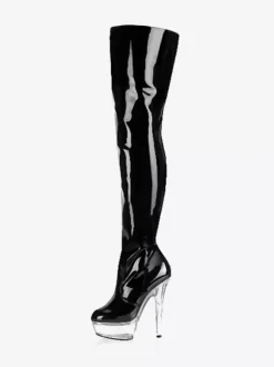Pole Dance Shoes Over The Knee Boots Black Sexy High Heel Round Toe Stiletto Light Patent Leather Thigh High Boots For Women Stripper Shoes