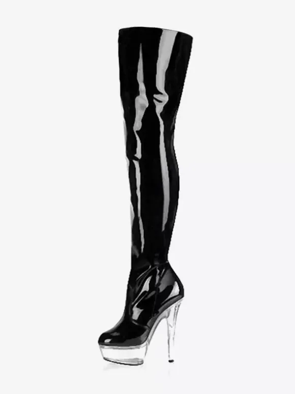 Pole Dance Shoes Over The Knee Boots Black Sexy High Heel Round Toe Stiletto Light Patent Leather Thigh High Boots For Women Stripper Shoes
