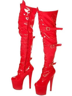 Pole Dance Shoes Red Sexy Boots Women Platform Buckle Detail Zip Up Over The Knee Boots High Heel Thigh High Boots Stripper Shoes