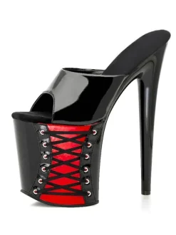 Pole Dance Shoes Sexy Sandals For Woman Red PVC Upper Open Toe Stiletto Heel Sky High Heel Mules Stripper Shoes