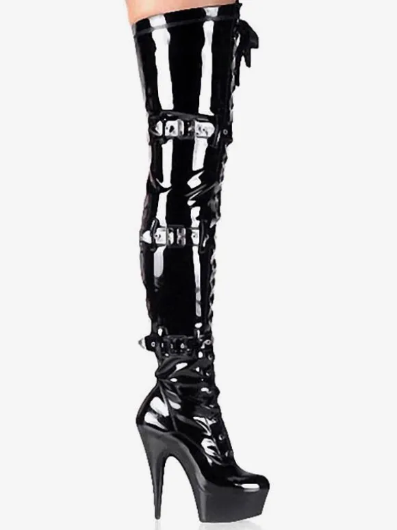 Pole Dance Shoes Women's Black Sexy High Heel Boots Lace Up Buckles Platform Stiletto Heel Thigh High Boots