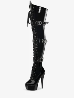 Pole Dance Shoes Women's Black Sexy High Heel Boots Lace Up Buckles Platform Stiletto Heel Thigh High Boots