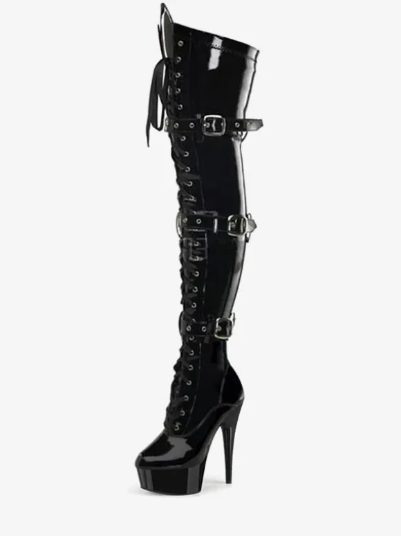Pole Dance Shoes Women's Black Sexy High Heel Boots Lace Up Buckles Platform Stiletto Heel Thigh High Boots