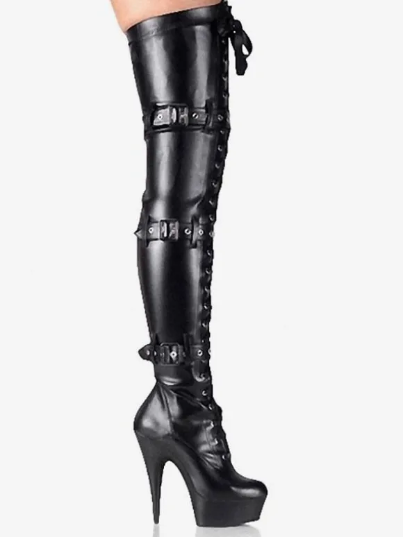 Pole Dance Shoes Women's Black Sexy High Heel Boots Lace Up Buckles Platform Stiletto Heel Thigh High Boots
