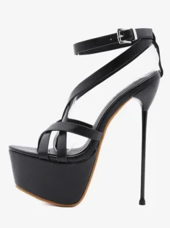 Pole Dance Shoes Women Sexy Sandals Black PU Leather Almond Toe Lace Up Stiletto Heel Sexy Shoes Stripper Shoes