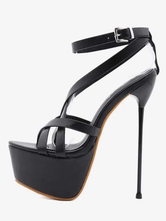 Pole Dance Shoes Women Sexy Sandals Black PU Leather Almond Toe Lace Up Stiletto Heel Sexy Shoes Stripper Shoes