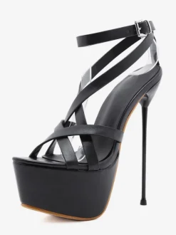 Pole Dance Shoes Women Sexy Sandals Black PU Leather Almond Toe Lace Up Stiletto Heel Sexy Shoes Stripper Shoes