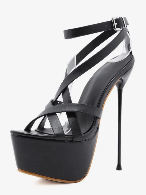 Pole Dance Shoes Women Sexy Sandals Black PU Leather Almond Toe Lace Up Stiletto Heel Sexy Shoes Stripper Shoes
