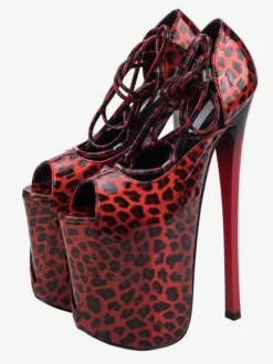 Pole Dance Shoes Women Sexy Sandals Red PU Leather Open Toe Stiletto Heel Lace Up Sexy Lace Up Heels Stripper Shoes