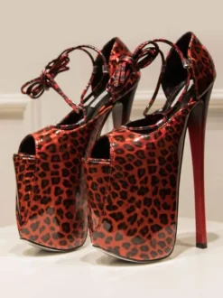 Pole Dance Shoes Women Sexy Sandals Red PU Leather Open Toe Stiletto Heel Lace Up Sexy Lace Up Heels Stripper Shoes