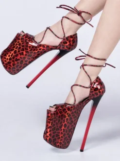 Pole Dance Shoes Women Sexy Sandals Red PU Leather Open Toe Stiletto Heel Lace Up Sexy Lace Up Heels Stripper Shoes