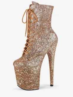 Pole Dance Shoes Women's Glitter Lace Up Stiletto Heel Ankle Boots with 4 inch Platform
