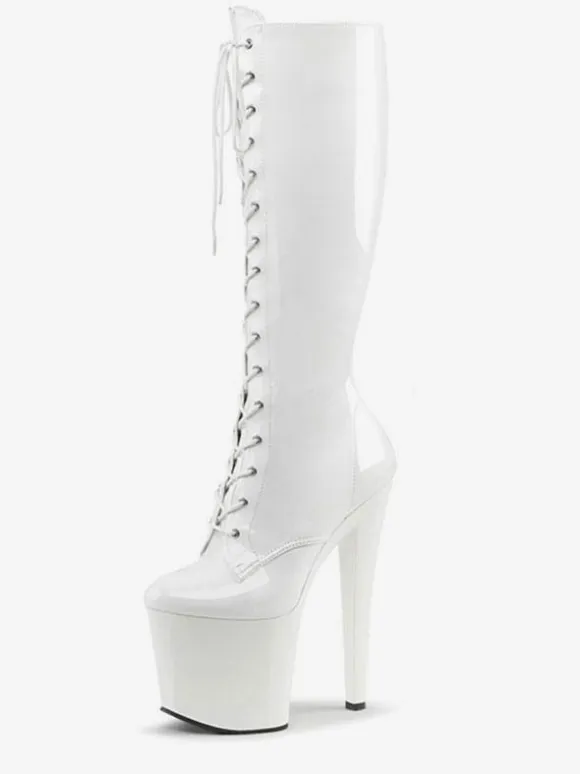 Pole Dance Shoes Women's Sexy Knee High Boots Lace Up Platform Stiletto Heel Boots Stripper Shoes in Black