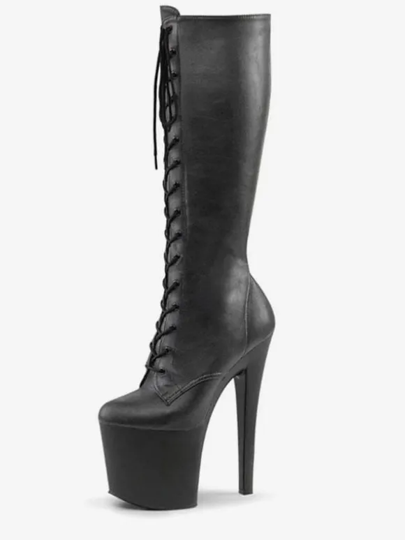 Pole Dance Shoes Women's Sexy Knee High Boots Lace Up Platform Stiletto Heel Boots Stripper Shoes in Black