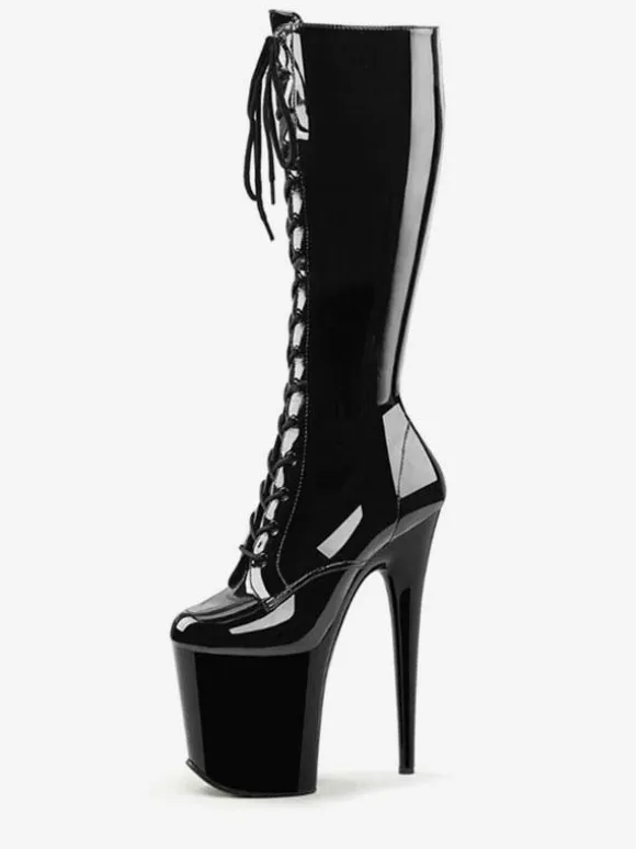 Pole Dance Shoes Women's Sexy Knee High Boots Lace Up Platform Stiletto Heel Boots Stripper Shoes in Black