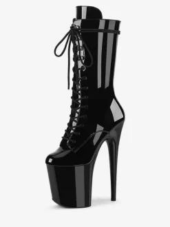 Pole Dance Shoes Women's Sexy Lace Up Sky High Exotic Heel Mid Calf Boots in Black Patent Leather