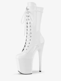 Pole Dance Shoes Women's Sexy Lace Up Sky High Exotic Heel Mid Calf Boots in Black Patent Leather