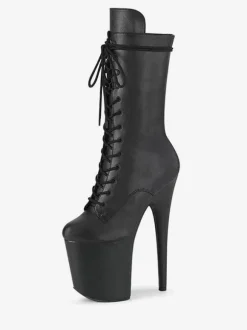 Pole Dance Shoes Women's Sexy Lace Up Sky High Exotic Heel Mid Calf Boots in Black Patent Leather
