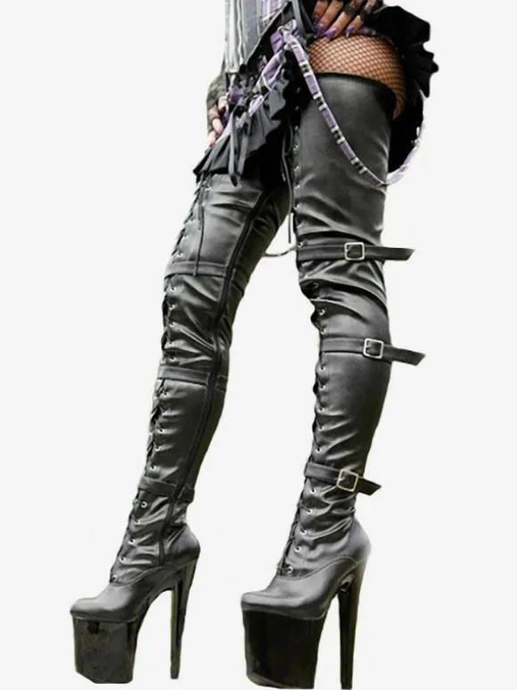 Pole Dance Shoes Women's Sexy Thigh High Boots Lace Up Buckles Platform Sky High Stiletto Heel Boots in Black