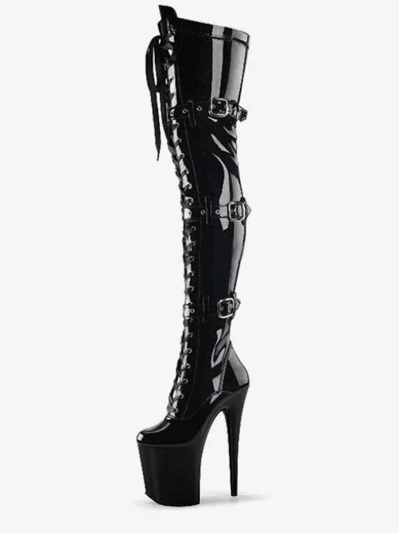 Pole Dance Shoes Women's Sexy Thigh High Boots Lace Up Buckles Platform Sky High Stiletto Heel Boots in Black