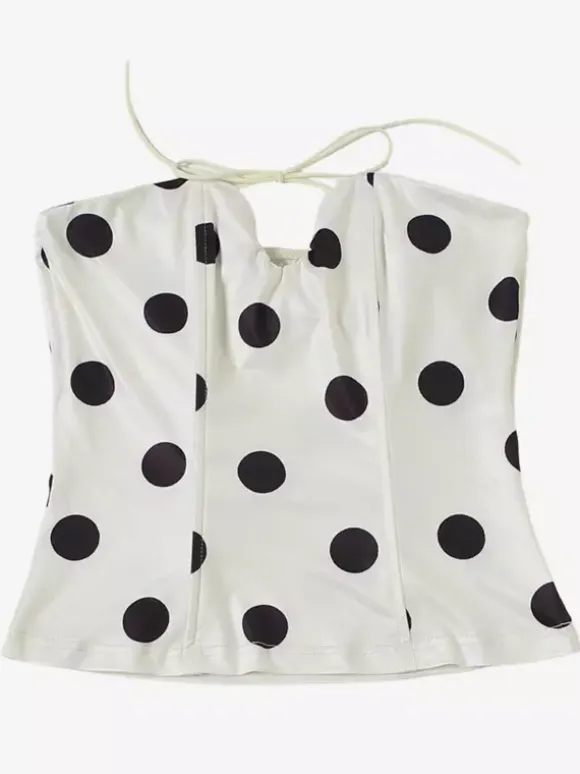 Polka Dot Halter Corset Top For Women - White Vintage Sleeveless Slim Fit Bustier - Summer Beach Party 2026