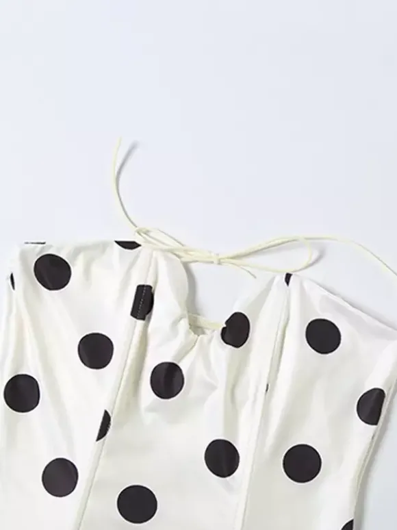 Polka Dot Halter Corset Top For Women - White Vintage Sleeveless Slim Fit Bustier - Summer Beach Party 2026