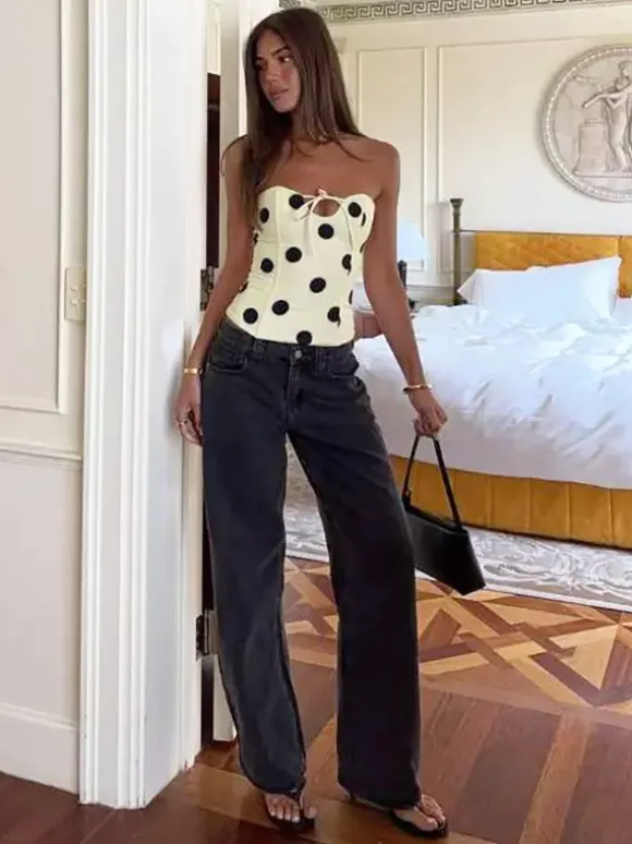 Polka Dot Halter Corset Top For Women - White Vintage Sleeveless Slim Fit Bustier - Summer Beach Party 2026