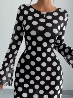 Polka Dot Long Sleeve Backless Slim Fit Mini Dress For Women 2026