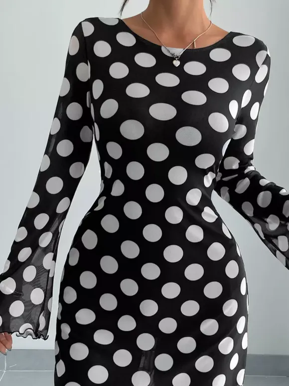 Polka Dot Long Sleeve Backless Slim Fit Mini Dress For Women 2026