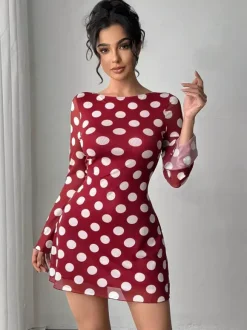 Polka Dot Long Sleeve Backless Slim Fit Mini Dress For Women 2026
