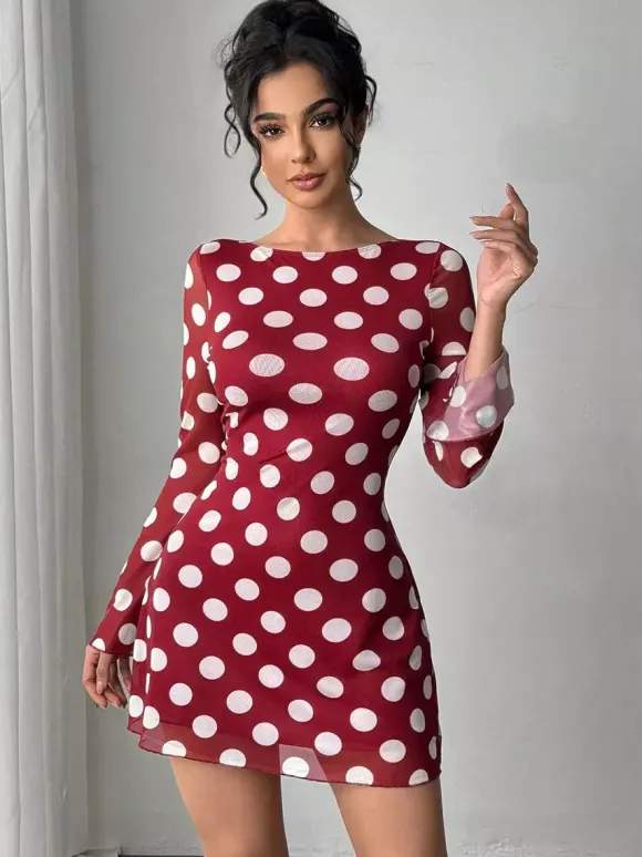 Polka Dot Long Sleeve Backless Slim Fit Mini Dress For Women 2026