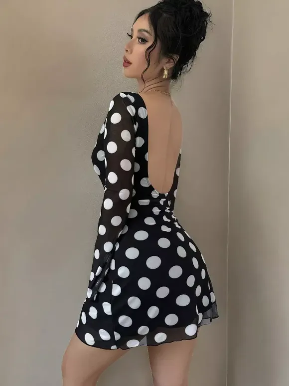 Polka Dot Long Sleeve Backless Slim Fit Mini Dress For Women 2026
