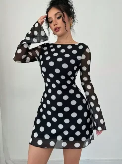 Polka Dot Long Sleeve Backless Slim Fit Mini Dress For Women 2026