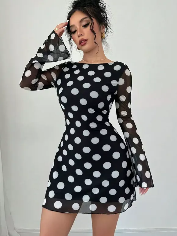 Polka Dot Long Sleeve Backless Slim Fit Mini Dress For Women 2026