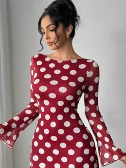 Polka Dot Long Sleeve Backless Slim Fit Mini Dress For Women 2026