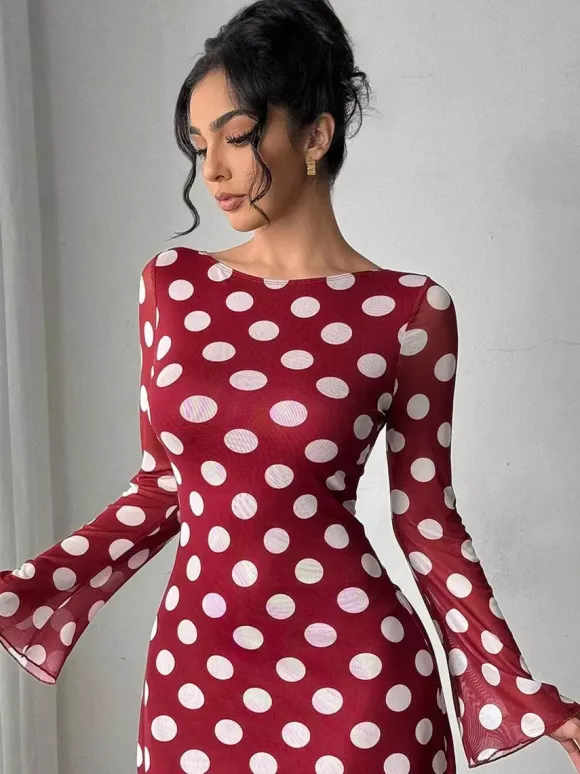 Polka Dot Long Sleeve Backless Slim Fit Mini Dress For Women 2026