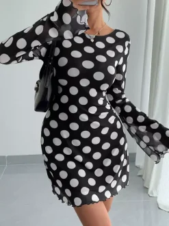 Polka Dot Long Sleeve Backless Slim Fit Mini Dress For Women 2026