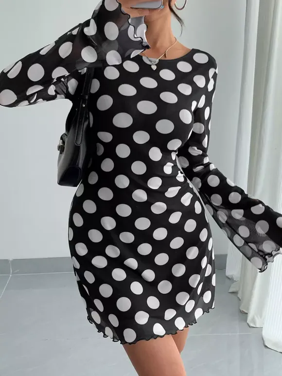Polka Dot Long Sleeve Backless Slim Fit Mini Dress For Women 2026