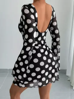 Polka Dot Long Sleeve Backless Slim Fit Mini Dress For Women 2026