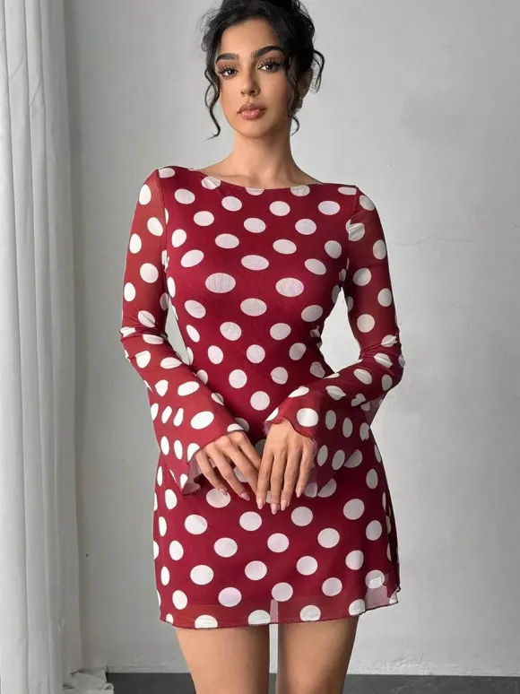 Polka Dot Long Sleeve Backless Slim Fit Mini Dress For Women 2026