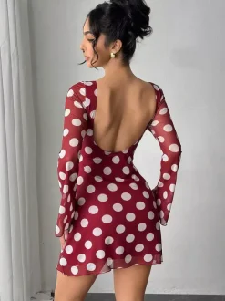 Polka Dot Long Sleeve Backless Slim Fit Mini Dress For Women 2026