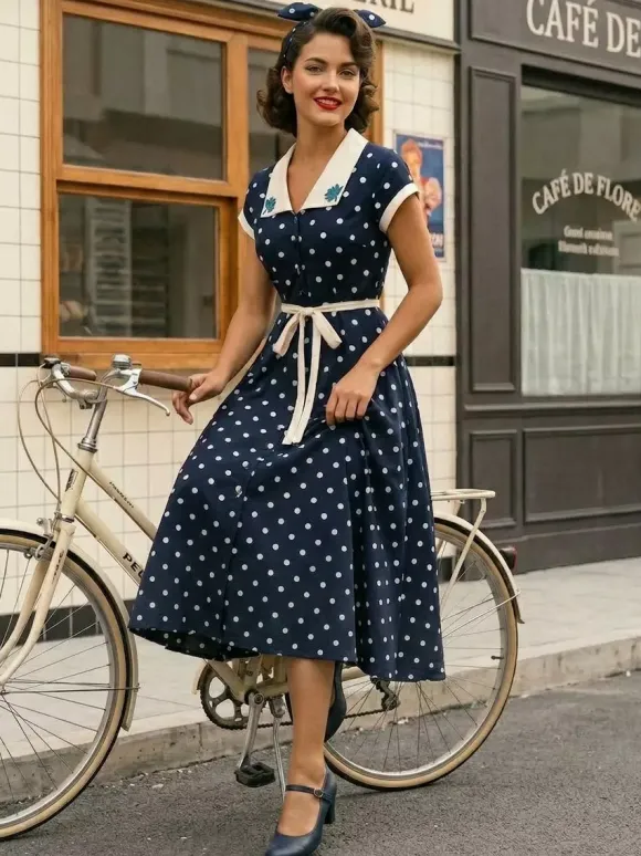 Polka Dot Midi Vintage Dress Belted Hepburn Style Summer Co-ord Set For Women 2026