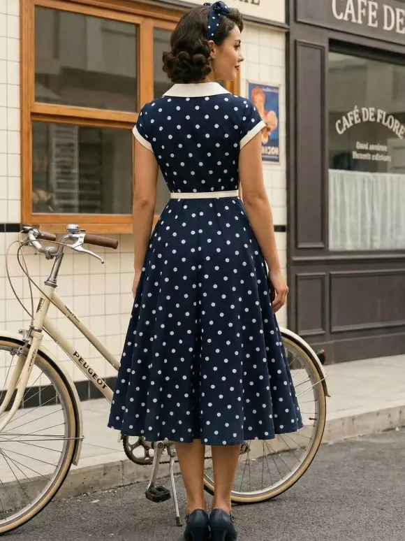 Polka Dot Midi Vintage Dress Belted Hepburn Style Summer Co-ord Set For Women 2026