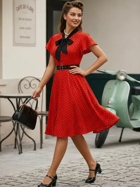 Polka Dot Shirt Dress With Tie And Belt Flutter Sleeve Vintage Midi Dress For Women 2026