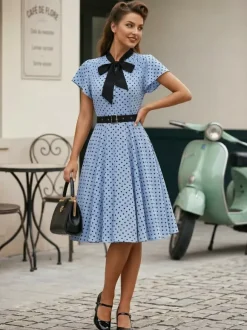 Polka Dot Shirt Dress With Tie And Belt Flutter Sleeve Vintage Midi Dress For Women 2026