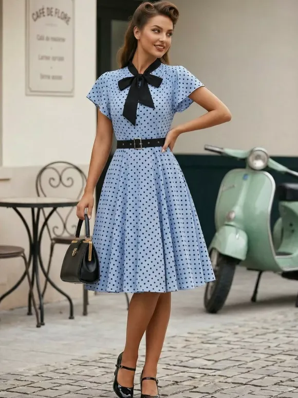 Polka Dot Shirt Dress With Tie And Belt Flutter Sleeve Vintage Midi Dress For Women 2026