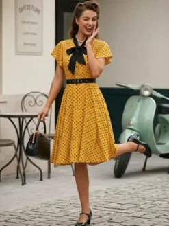 Polka Dot Shirt Dress With Tie And Belt Flutter Sleeve Vintage Midi Dress For Women 2026