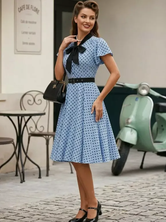 Polka Dot Shirt Dress With Tie And Belt Flutter Sleeve Vintage Midi Dress For Women 2026