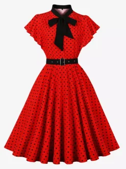 Polka Dot Shirt Dress With Tie And Belt Flutter Sleeve Vintage Midi Dress For Women 2026